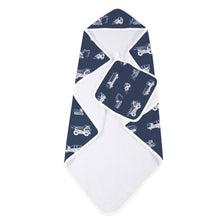 Load image into Gallery viewer, things that go hooded towel &amp; washcloth set | newcastle
