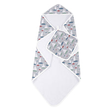 Load image into Gallery viewer, marina sailboats bamboo hooded towel and washcloth | newcastle
