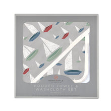 Load image into Gallery viewer, marina sailboats bamboo hooded towel and washcloth | newcastle
