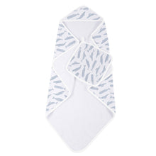 Load image into Gallery viewer, blue shadow whales bamboo hooded towel and washcloth | newcastle

