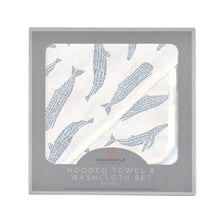 Load image into Gallery viewer, blue shadow whales bamboo hooded towel and washcloth | newcastle
