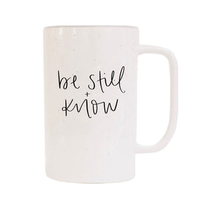 be still + know, tall speckled coffee mug